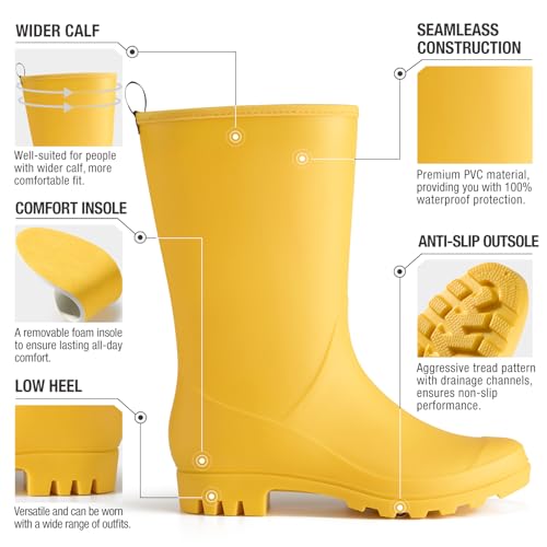 HISEA Women Rubber Boots Waterproof Wide Calf Rain Boots Mid-Calf PVC Rubber Rain Boot Matte Surface Seamless Mid Height Rain Shoes for Women's Rain Footwear Outdoor Garden Work Walking - Image 2