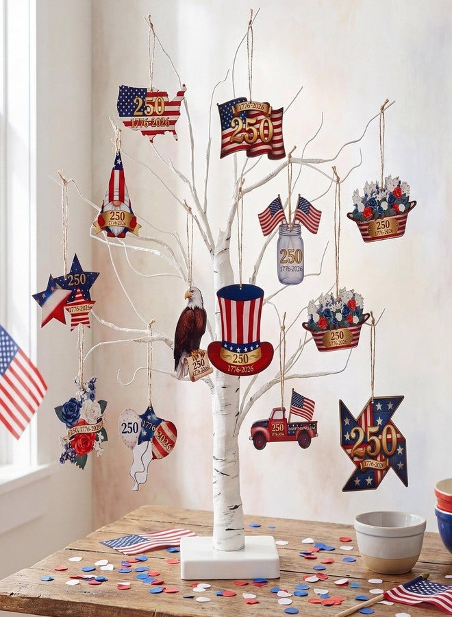 Lounsweer 36 Pcs 4th of July 250th Anniversary Ornaments Red White Blue Small Tree Decorations Memorial Day Wood Ornament Vintage America Star Gnome Wood Cutout Patriotic Decor for Tree Home Wreath - Image 2