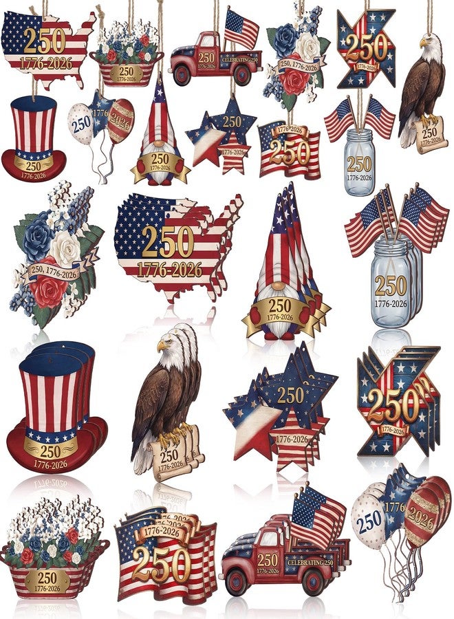 Lounsweer 36 Pcs 4th of July 250th Anniversary Ornaments Red White Blue Small Tree Decorations Memorial Day Wood Ornament Vintage America Star Gnome Wood Cutout Patriotic Decor for Tree Home Wreath - Image 1
