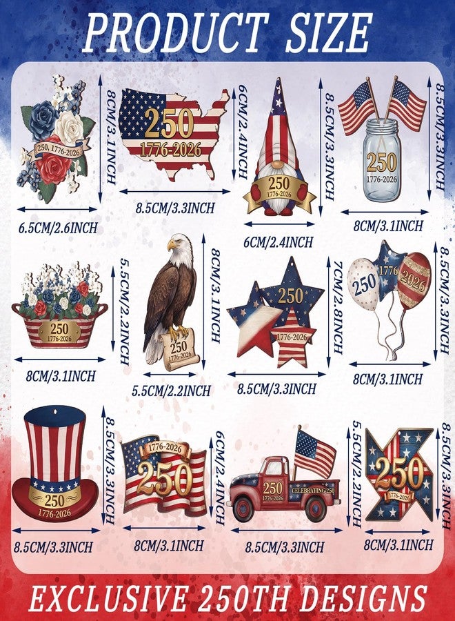 Lounsweer 36 Pcs 4th of July 250th Anniversary Ornaments Red White Blue Small Tree Decorations Memorial Day Wood Ornament Vintage America Star Gnome Wood Cutout Patriotic Decor for Tree Home Wreath - Image 3