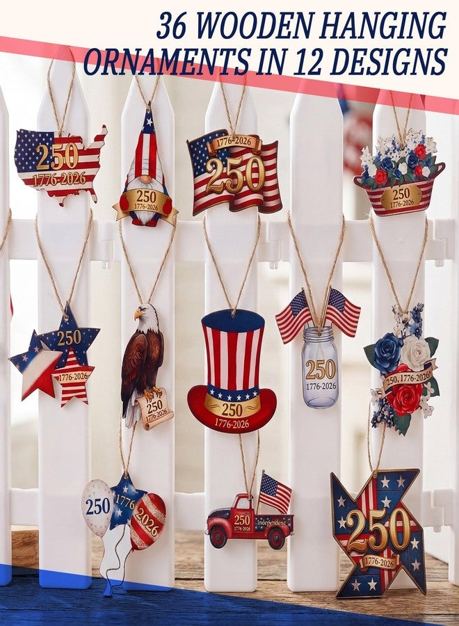 Lounsweer 36 Pcs 4th of July 250th Anniversary Ornaments Red White Blue Small Tree Decorations Memorial Day Wood Ornament Vintage America Star Gnome Wood Cutout Patriotic Decor for Tree Home Wreath - Image 4