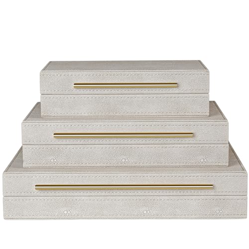 SUJUN Elegant Set of 3 Ivory Shagreen Decorative Boxes with Velvet Lining and Golden Handles - Versatile Home Decor and Jewelry Organizer - Image 4