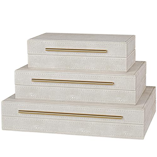 SUJUN Elegant Set of 3 Ivory Shagreen Decorative Boxes with Velvet Lining and Golden Handles - Versatile Home Decor and Jewelry Organizer - Image 1