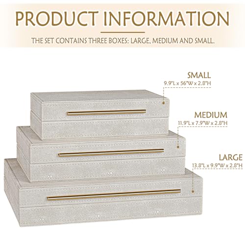 SUJUN Elegant Set of 3 Ivory Shagreen Decorative Boxes with Velvet Lining and Golden Handles - Versatile Home Decor and Jewelry Organizer - Image 2
