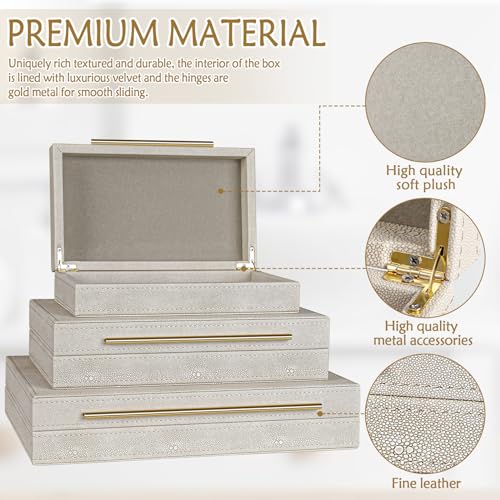 SUJUN Elegant Set of 3 Ivory Shagreen Decorative Boxes with Velvet Lining and Golden Handles - Versatile Home Decor and Jewelry Organizer - Image 3