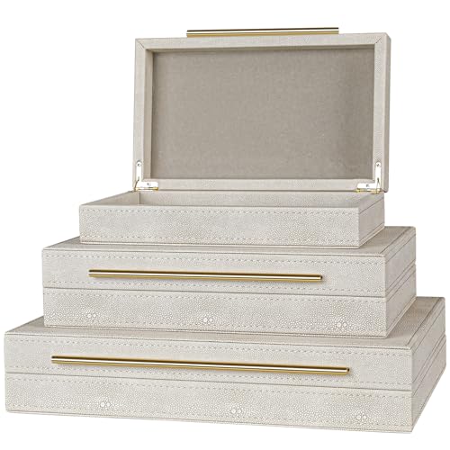 SUJUN Elegant Set of 3 Ivory Shagreen Decorative Boxes with Velvet Lining and Golden Handles - Versatile Home Decor and Jewelry Organizer - Image 5
