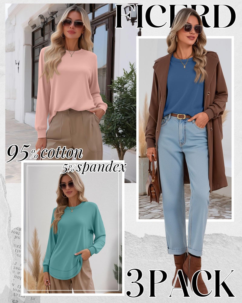 Ficerd 3 Pack Women's Long Sleeve Shirts, Cotton Crew Neck Tunic Tops Casual Loose Fit Pullover Sweatshirts Curved Hem Shirts(Turquoise, Cinnamon Powder, Denim Blue,XX-Large) - Image 2