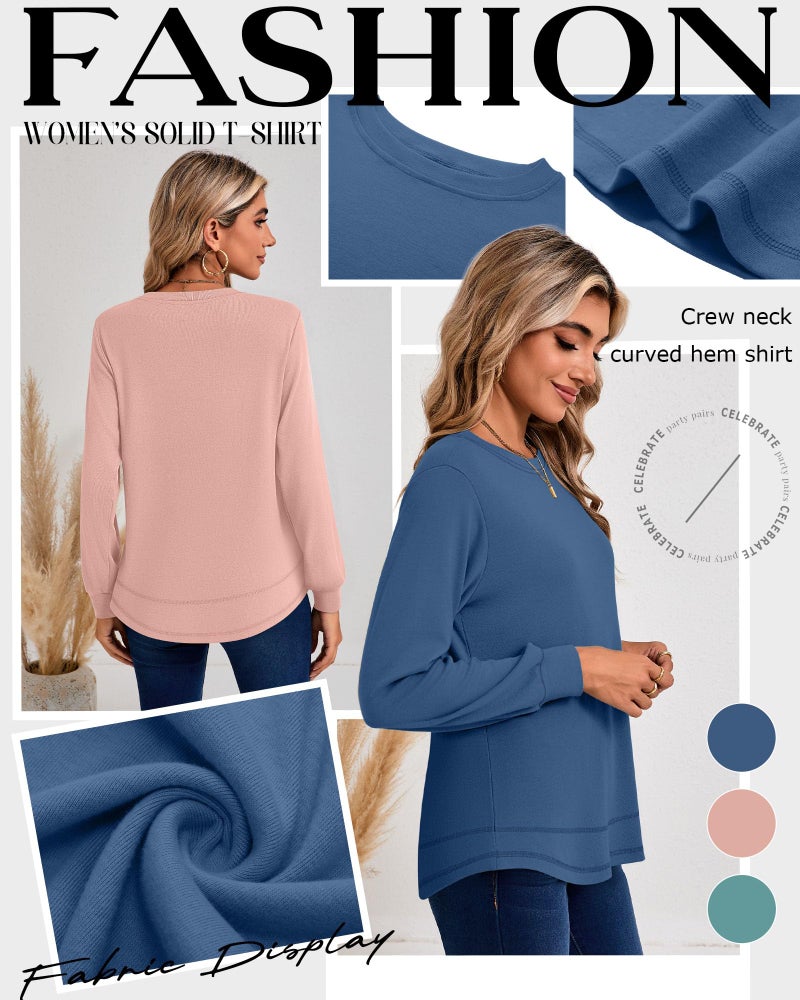 Ficerd 3 Pack Women's Long Sleeve Shirts, Cotton Crew Neck Tunic Tops Casual Loose Fit Pullover Sweatshirts Curved Hem Shirts(Turquoise, Cinnamon Powder, Denim Blue,XX-Large) - Image 4