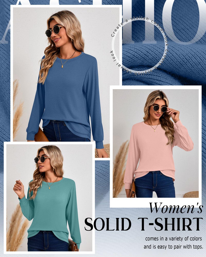 Ficerd 3 Pack Women's Long Sleeve Shirts, Cotton Crew Neck Tunic Tops Casual Loose Fit Pullover Sweatshirts Curved Hem Shirts(Turquoise, Cinnamon Powder, Denim Blue,XX-Large) - Image 5