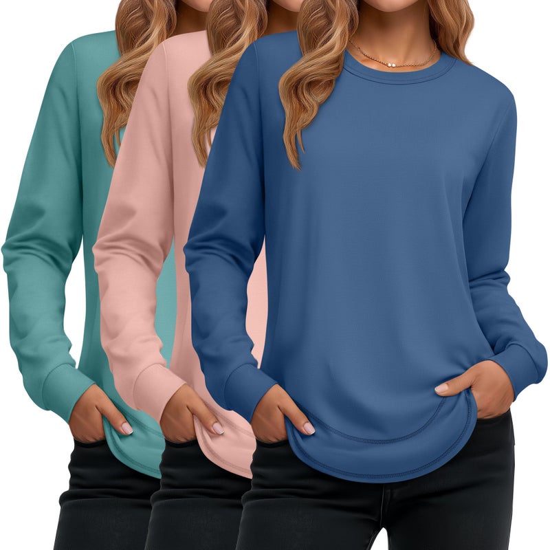 Ficerd 3 Pack Women's Long Sleeve Shirts, Cotton Crew Neck Tunic Tops Casual Loose Fit Pullover Sweatshirts Curved Hem Shirts(Turquoise, Cinnamon Powder, Denim Blue,XX-Large) - Image 1