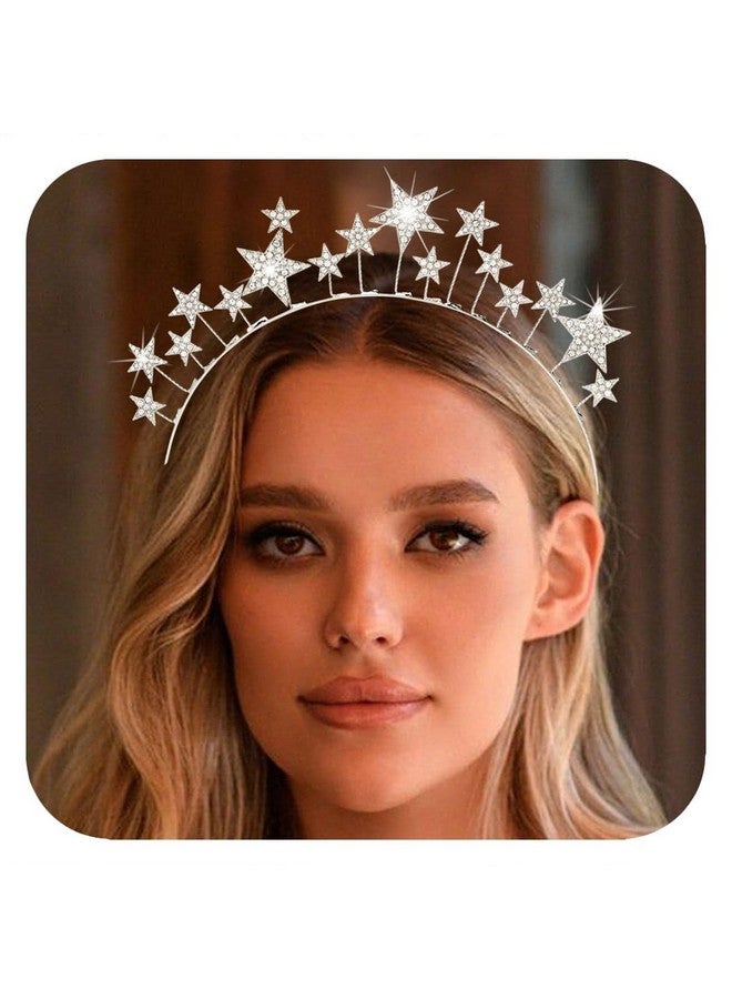 CAKURE Star Halo Crown Silver Crystal Headband Mary Metal Headpiece Bridal Tiara and Crowns Rhinestones Tiara Headpiece Party Wedding Hair Accessories for Women and Girls (Silver) - Image 1