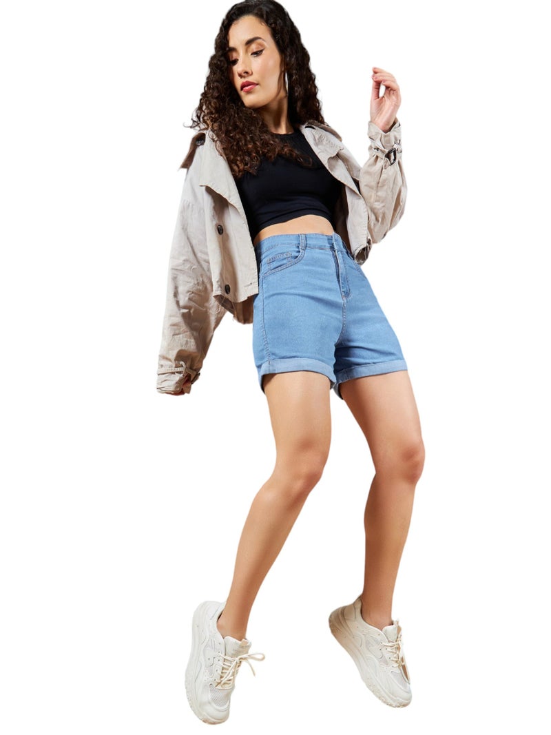 Miss Chase Women's Relaxed Fit High/Mid Rise Regular Length Denim Shorts (MCSS23DEN09-13-329-32, Steel Blue, 32) - Image 1