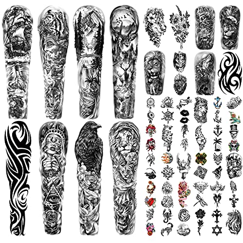 SOOVSY Full Arm Sleeve Temporary Tattoos for Men Women, 46 Sheets Temporary Tattoos for Adults and Kids, Fake Tattoos Realistic with Lion, Wolf, Eagle, Deer, Flower, Clock, Skeleton for Halloween Party - Image 1