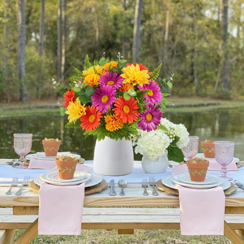 MHMJON 2 Bundles Artificial Flowers for Cemetery Faux Gerbera Daisies Bouquets Fake Silk Flowers Arrangements for Outdoor Decorations Grave Home Table Vase Wedding Party Indoor (15.74'') - Image 4