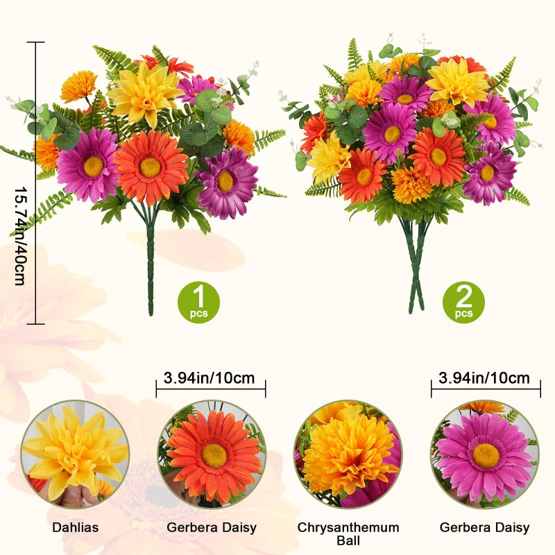 MHMJON 2 Bundles Artificial Flowers for Cemetery Faux Gerbera Daisies Bouquets Fake Silk Flowers Arrangements for Outdoor Decorations Grave Home Table Vase Wedding Party Indoor (15.74'') - Image 2