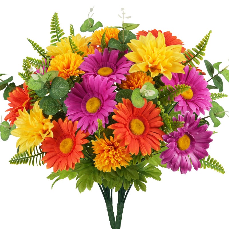 MHMJON 2 Bundles Artificial Flowers for Cemetery Faux Gerbera Daisies Bouquets Fake Silk Flowers Arrangements for Outdoor Decorations Grave Home Table Vase Wedding Party Indoor (15.74'') - Image 1