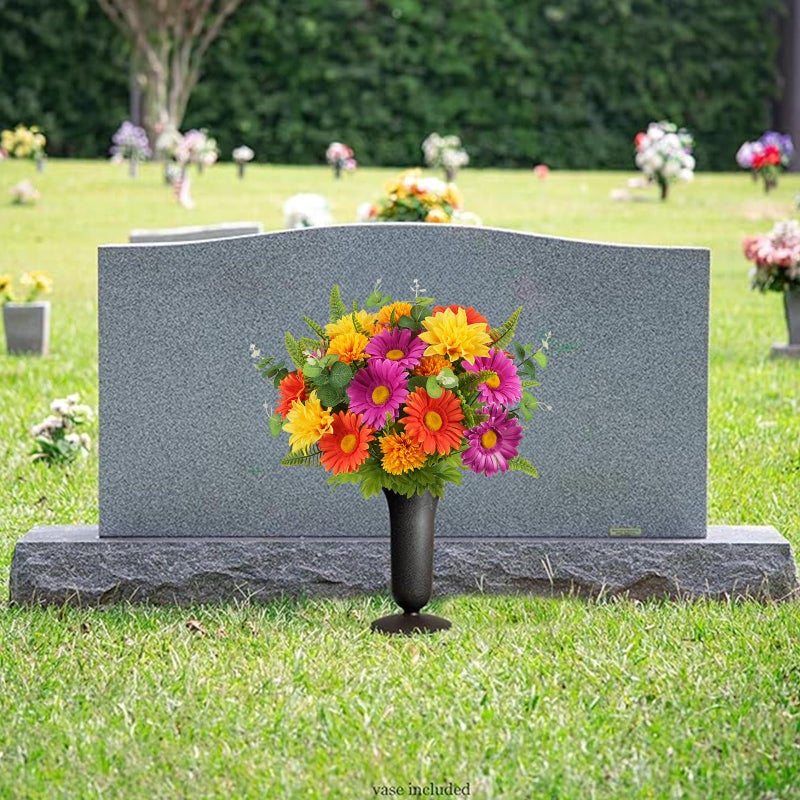 MHMJON 2 Bundles Artificial Flowers for Cemetery Faux Gerbera Daisies Bouquets Fake Silk Flowers Arrangements for Outdoor Decorations Grave Home Table Vase Wedding Party Indoor (15.74'') - Image 5