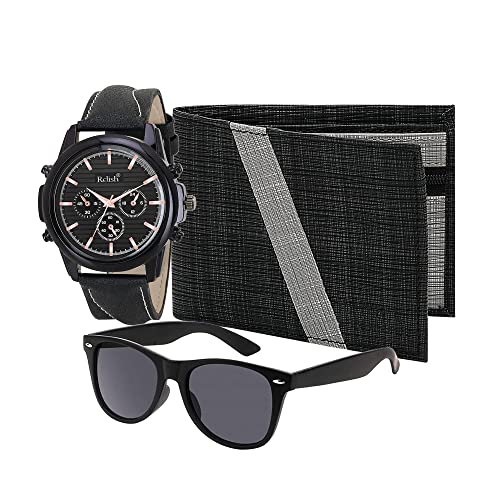 Relish Mens Black Analogue Watch, PU Leather Wallet and Wayfarer Sunglasses Combo Pack | Diwali Gifts for Mens, Brother, Husband - Image 1