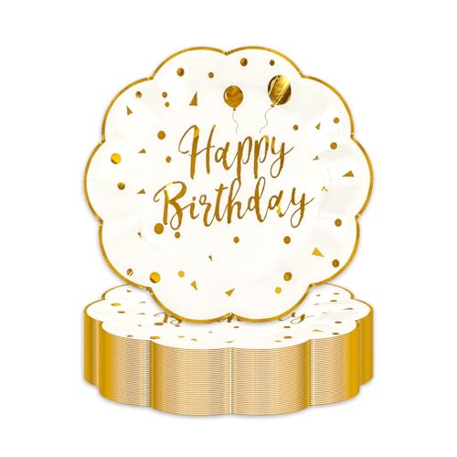 LDFDRT 7inch White and Gold Happy Birthday Paper Plates 50 pcs Party Decorations Cake Dessert Plates Disposable Dinnerware Tableware for Birthday Party Supplies - Image 1