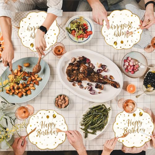 LDFDRT 7inch White and Gold Happy Birthday Paper Plates 50 pcs Party Decorations Cake Dessert Plates Disposable Dinnerware Tableware for Birthday Party Supplies - Image 3