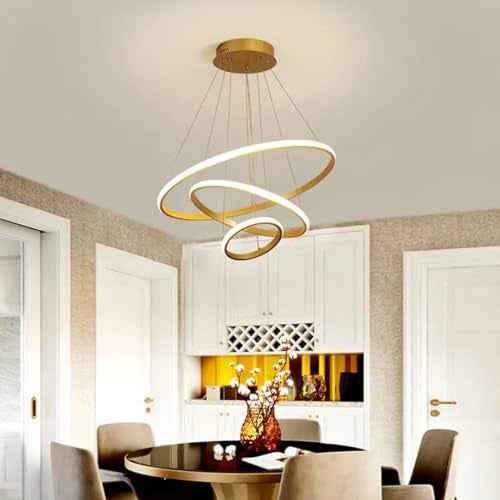 Harold Electricals Modern 3 Ring Luminous Halo Chandelier Light Fixture for Dining Table, Living Room, Kitchen Island, Café & Home Decor- Golden (Inbuilt LED) - Image 3