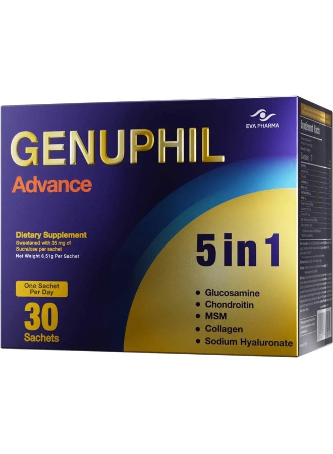 Genuphil Advance - Dietary Supplement for joint support - 5 in 1 Collagen - MSM - Glucosamine - Chondroitin & Sodium Hyaluronate - 30 Sachets