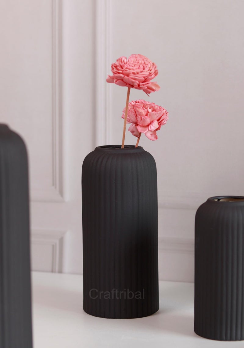 Craftribal's Modern Ceramic Flower Vase for Living Room, Flower Pots for Home Decoration, Home Decor, Line Vase (Set of 3PCS) Black - Image 2