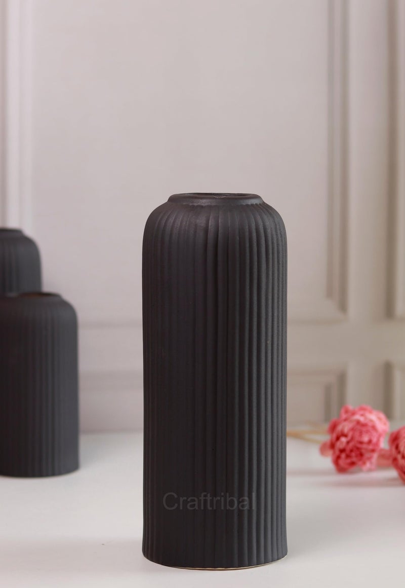 Craftribal's Modern Ceramic Flower Vase for Living Room, Flower Pots for Home Decoration, Home Decor, Line Vase (Set of 3PCS) Black - Image 3