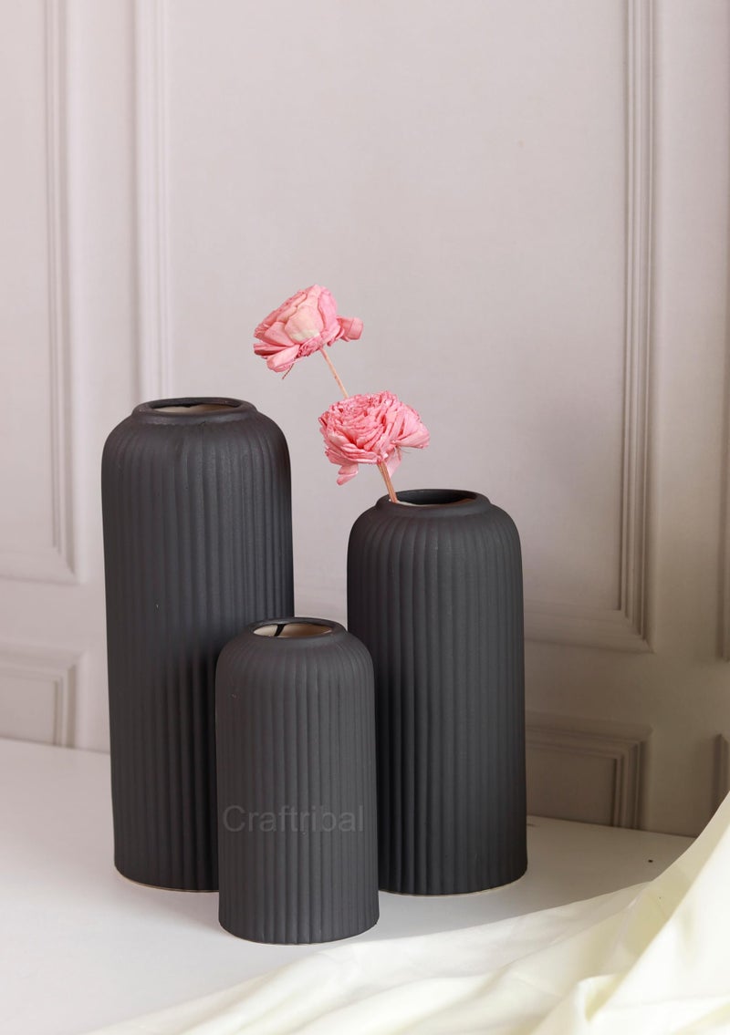 Craftribal's Modern Ceramic Flower Vase for Living Room, Flower Pots for Home Decoration, Home Decor, Line Vase (Set of 3PCS) Black - Image 1