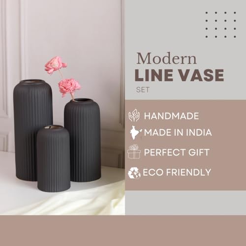 Craftribal's Modern Ceramic Flower Vase for Living Room, Flower Pots for Home Decoration, Home Decor, Line Vase (Set of 3PCS) Black - Image 5