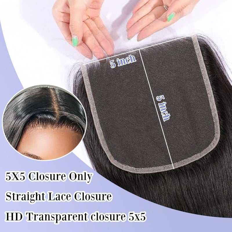 Selina 5x5 Hd Lace Closure Brazilian Straight Closure 5x5 Lace Closure Human Hair Unprocessed Human Hair Brazilian Virgin Hair Free Part Closure Natural Hair Color Black (16Inch, 5x5 Straight) - Image 2