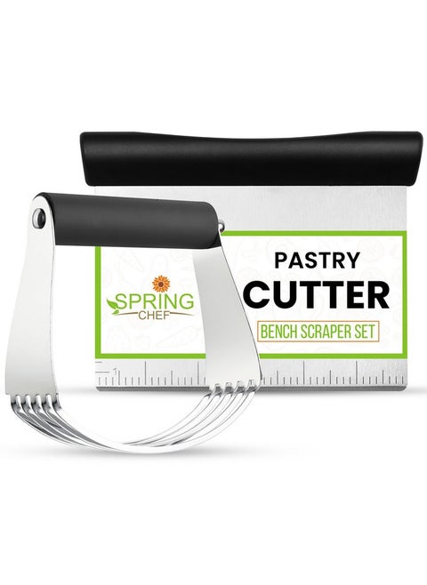Spring Chef Dough Blender & Pastry Cutter Tool, Stainless Steel Pastry Blender & Bench Scraper for Pizza, Nut, Pie - Multipurpose Dough Cutter & Scraper Tool for Baking with Soft Grip Handles - Black