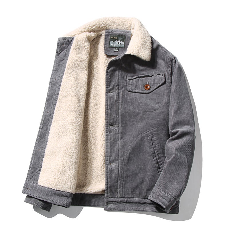 Cross-border Winter Clothing Short fleece-lined Cotton-padded Coat Corduroy Work Clothes Casual Cotton-padded Clothes Casual fleece-lined Thickened Jacket for Men Trendy Men Grey  - Image 2