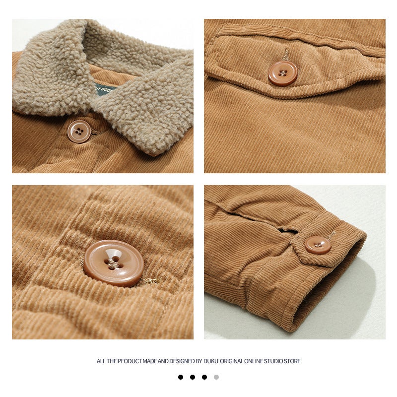 Cross-border Winter Clothing Short fleece-lined Cotton-padded Coat Corduroy Work Clothes Casual Cotton-padded Clothes Casual fleece-lined Thickened Jacket for Men Trendy Men Grey  - Image 5