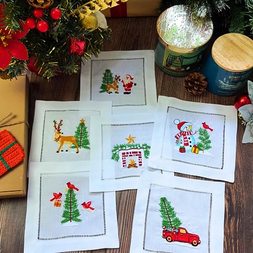 HCRAFT Embroidered 6x6 White Cocktail Napkins Coasters Set of 6 Christmas Cocktail Napkins for Parties Ladder Hemstitch Present Ideas - Image 1
