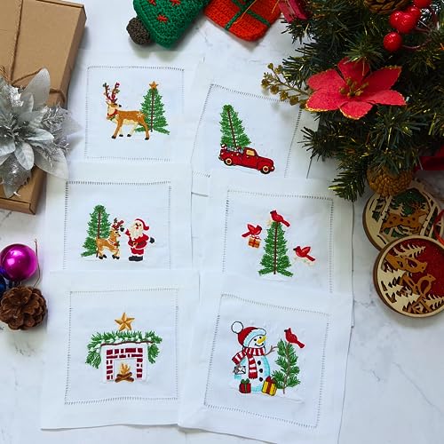 HCRAFT Embroidered 6x6 White Cocktail Napkins Coasters Set of 6 Christmas Cocktail Napkins for Parties Ladder Hemstitch Present Ideas - Image 3
