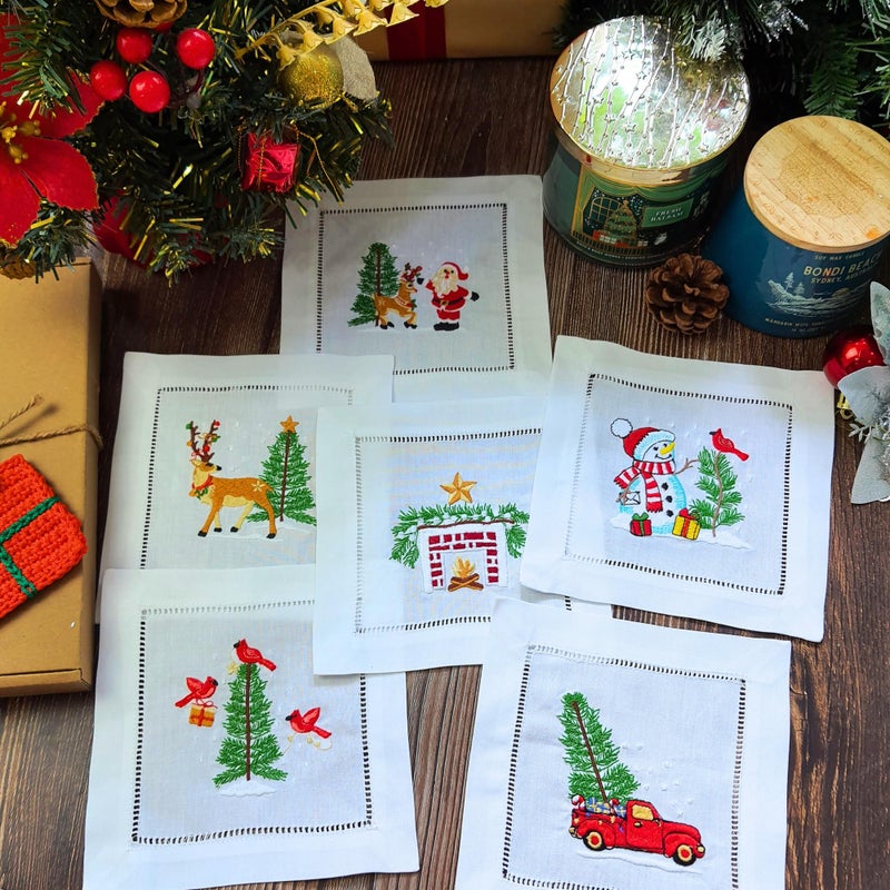 HCRAFT Embroidered 6x6 White Cocktail Napkins Coasters Set of 6 Christmas Cocktail Napkins for Parties Ladder Hemstitch Present Ideas - Image 2