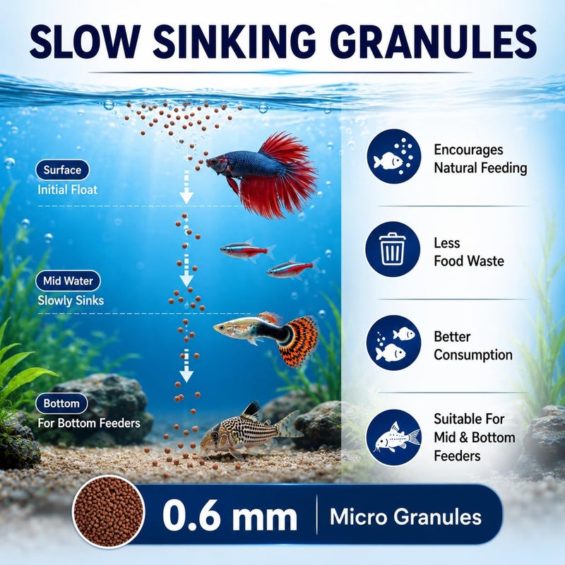 نظام غذائي للأسماك الصغيرة من Aquatic Remedies - حبيبات بطيئة الغرق بحجم 0.6 مم | غذاء لأسماك راميريزي، كوري دوراس، قوس قزح الصغيرة، تترا، بيتا وجوبي (متوسط 100 جرام) - Image 4