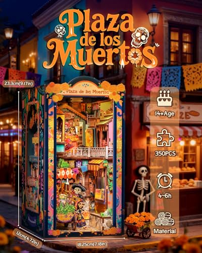 CUTEBEE Book Nook Kit Mexican Fiesta DIY Miniature Dollhouse Vibrant LED Bookshelf Decor Alley Model for Adults Teens Gifts for Family and FriendsPlaza de Los Muertos - Image 5