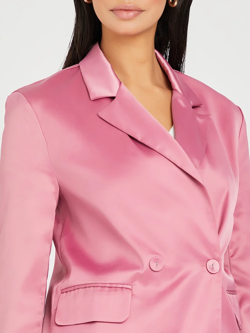 Styli Notch Lapel Satin Matte Regular Length Blazer with Button Closure
