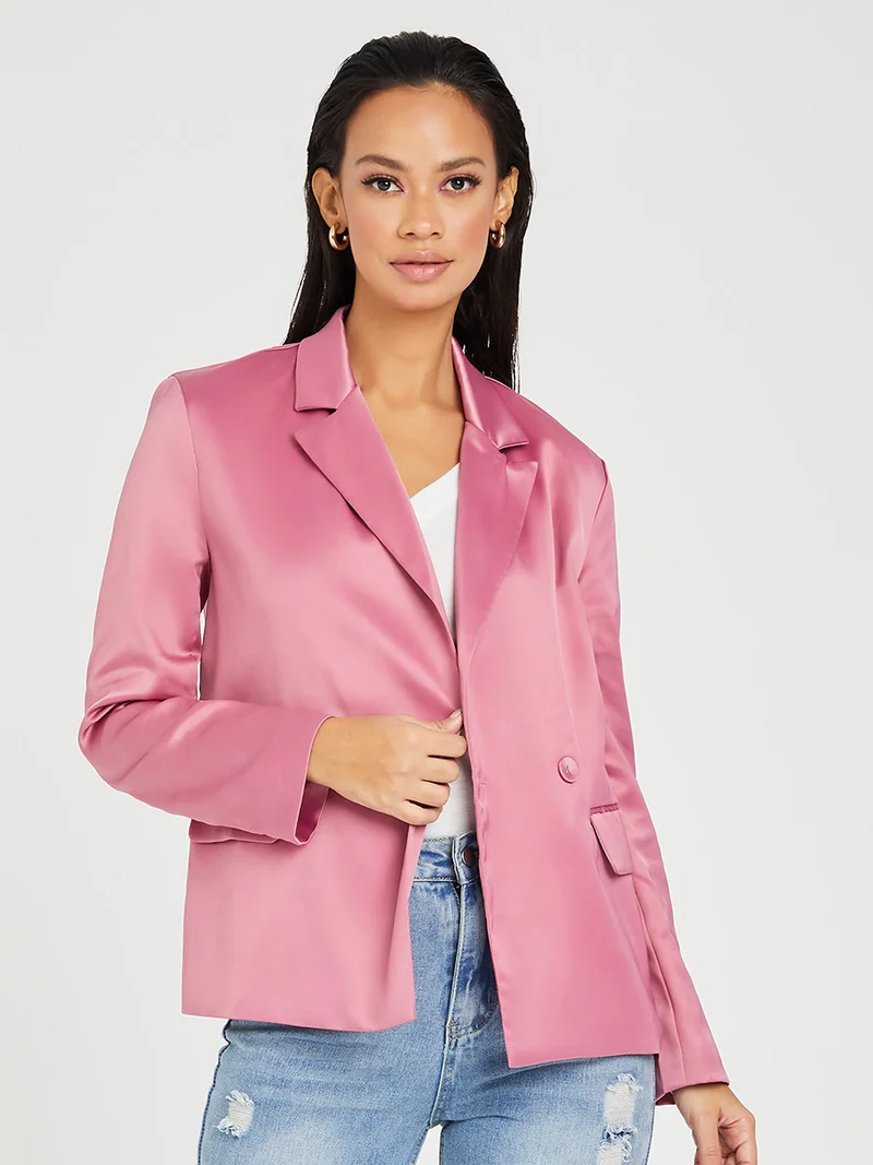 Styli Notch Lapel Satin Matte Regular Length Blazer with Button Closure
