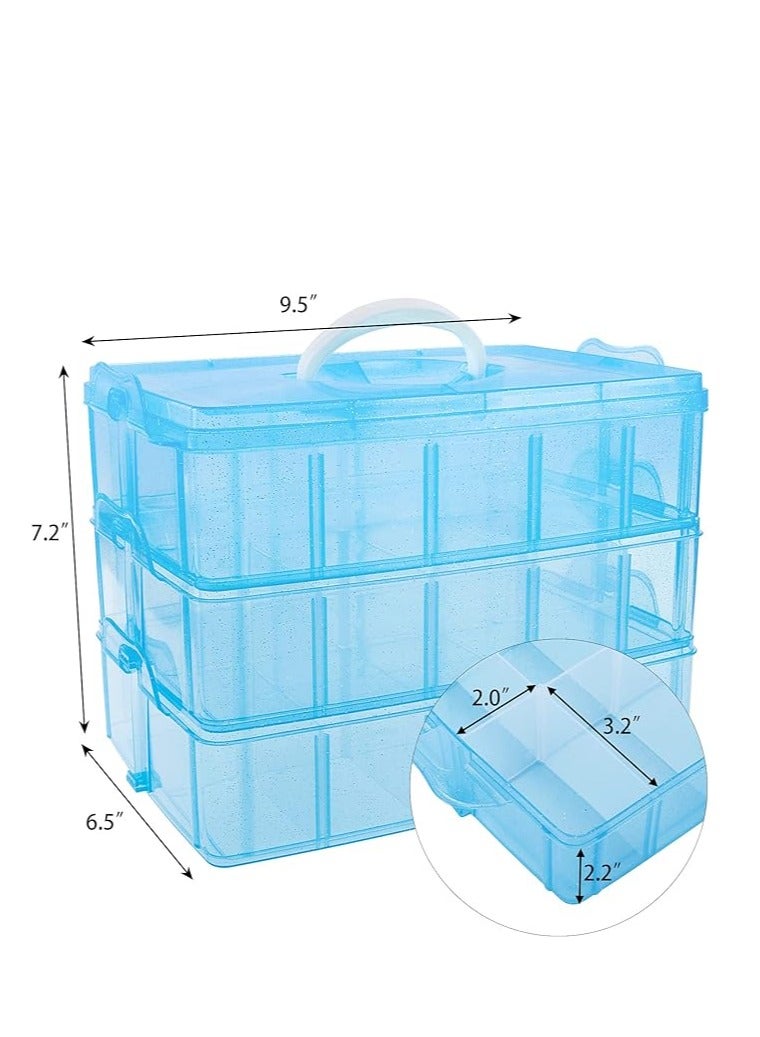 3-tier stackable storage container with 30 adjustable compartments, blue plastic craft storage box, divider with beads, toys, dolls, paper tape, nails, thread - Image 2