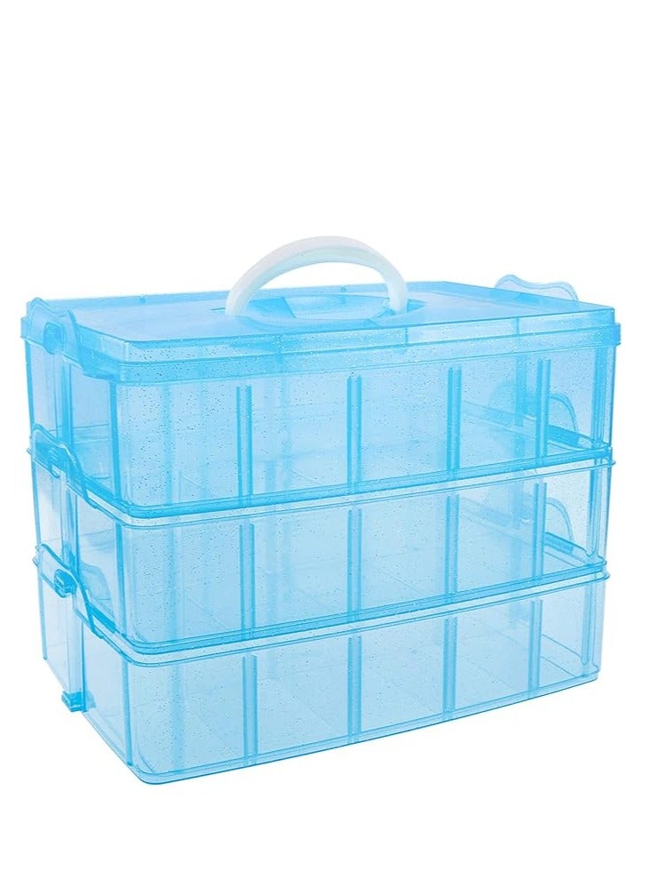 3-tier stackable storage container with 30 adjustable compartments, blue plastic craft storage box, divider with beads, toys, dolls, paper tape, nails, thread - Image 1