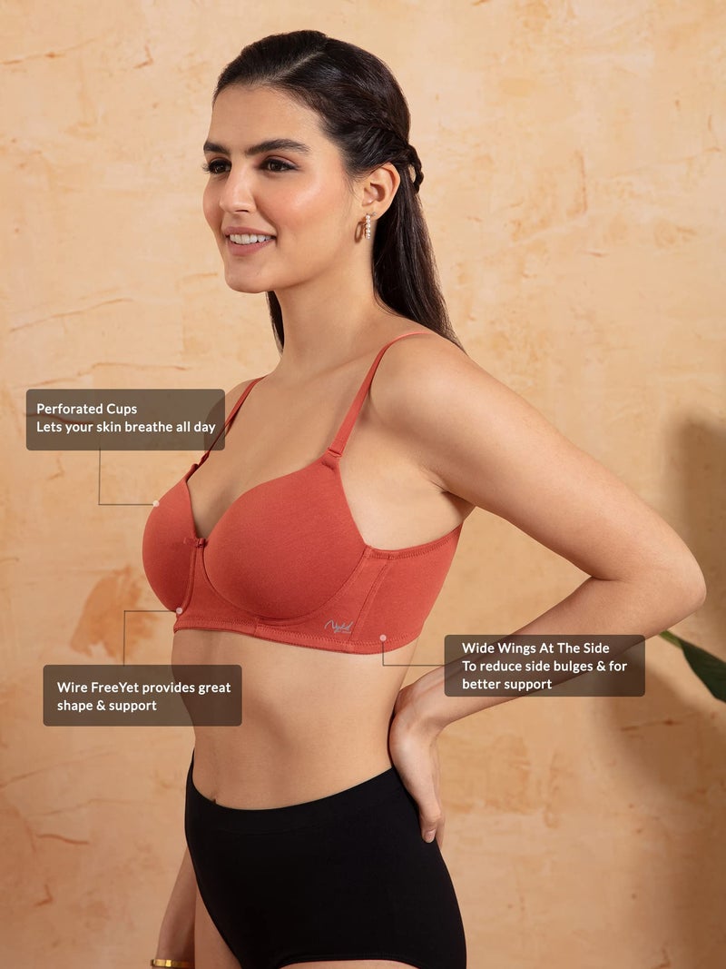 NYKD (NYB198 Cotton Lightly Padded & Non Wired T-Shirt Bra for Women | Medium Coverage Bra with Soft Detachable Straps | Ideal for All Day Comfort - Orange - Image 3