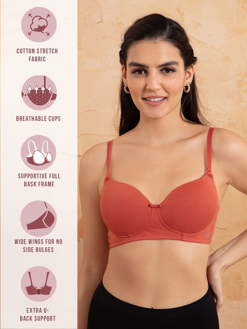 NYKD (NYB198 Cotton Lightly Padded & Non Wired T-Shirt Bra for Women | Medium Coverage Bra with Soft Detachable Straps | Ideal for All Day Comfort - Orange - Image 2