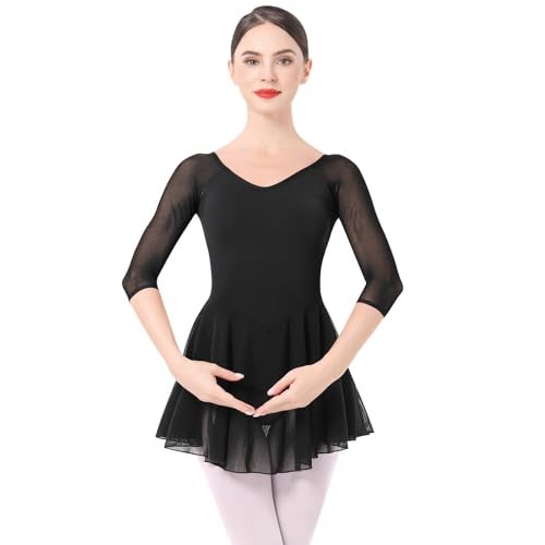 IBAKOM Ballet Leotards Dress for Women 34 Mesh Sleeve V Neck Scoop Back Gymnastics Leotard Plus Size Ballerina Outfits Adult Dance Leotard Competitive Camisole Bodysuit Dance Skirt Black S - Image 3