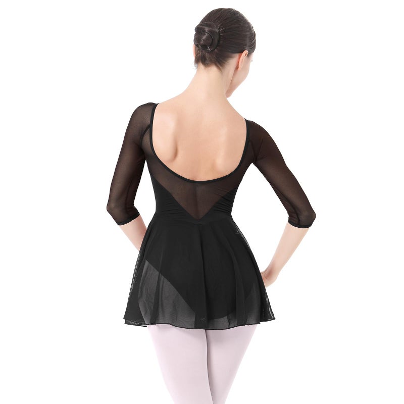 IBAKOM Ballet Leotards Dress for Women 34 Mesh Sleeve V Neck Scoop Back Gymnastics Leotard Plus Size Ballerina Outfits Adult Dance Leotard Competitive Camisole Bodysuit Dance Skirt Black S - Image 2