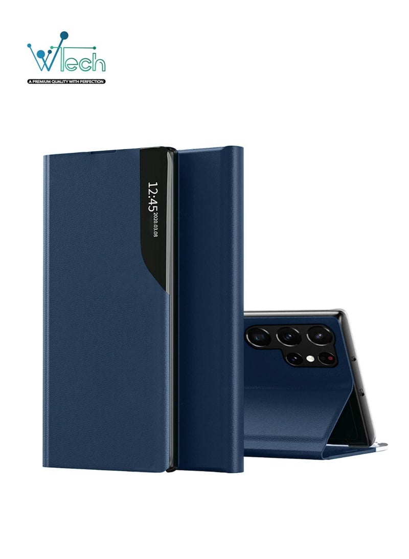 Wtech Samsung Galaxy S23 Ultra Smart Mirror Window Flip Phone Case Auto Sleep Wake Cover (MCFLSN) - Blue - Image 1