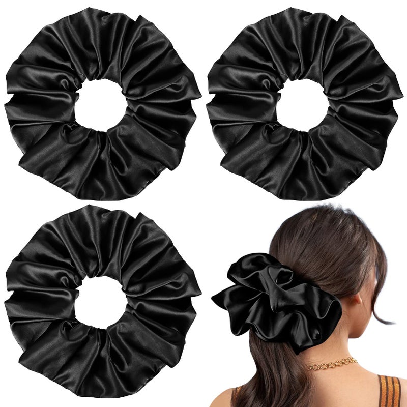 CEELGON 9.5 inch Silk Scrunchies Oversized Scrunchie Jumbo Scrunchies Giant Silk Scrunchie Extra Large Satin Thick Elastic Fluffy Hair Ties for Women and Girls 3 Pack (Black) - Image 1