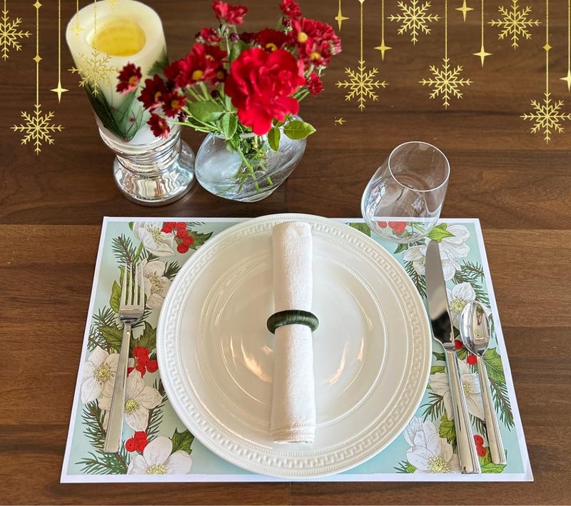 Meadowsweet Kitchens Paper Placemat Sets Green Holiday 25 Disposable Printed 11 x 17 Paper Place Mats in Holiday MagnoliaEvergreenBerry Design for Everyday Bridal Wedding Holiday Home Decor - Image 3